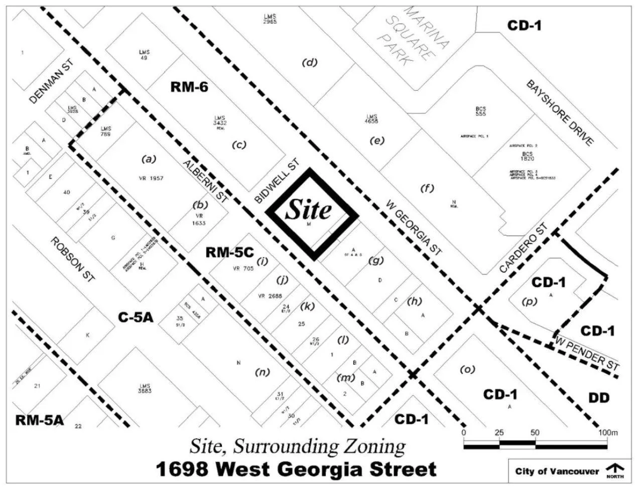1698 West Georgia Street and its surrounding zoning, including neighbouring RM-6, RM-5C, C-5A, and CD-1 districts.