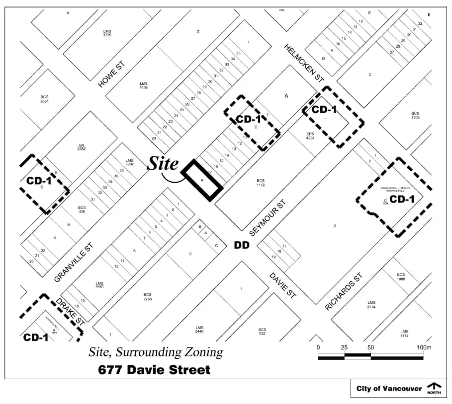 677 Davie Street and its surrounding zoning, including nearby CD-1 districts at Granville, Seymour, Helmcken, and Drake Streets.