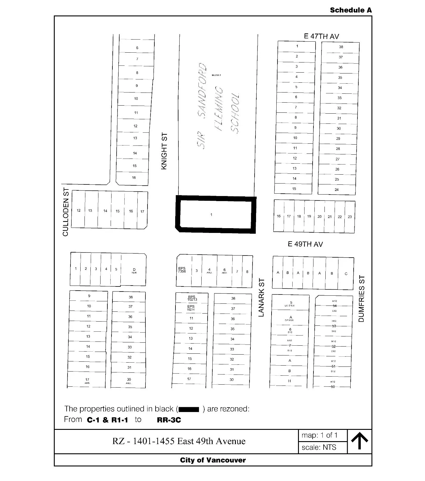 1401–1455 East 49th Avenue — parcels outlined in black to be rezoned from C-1 & R1-1 to RR-3C, shown in neighbourhood block context between Knight Street and Dumfries Street.