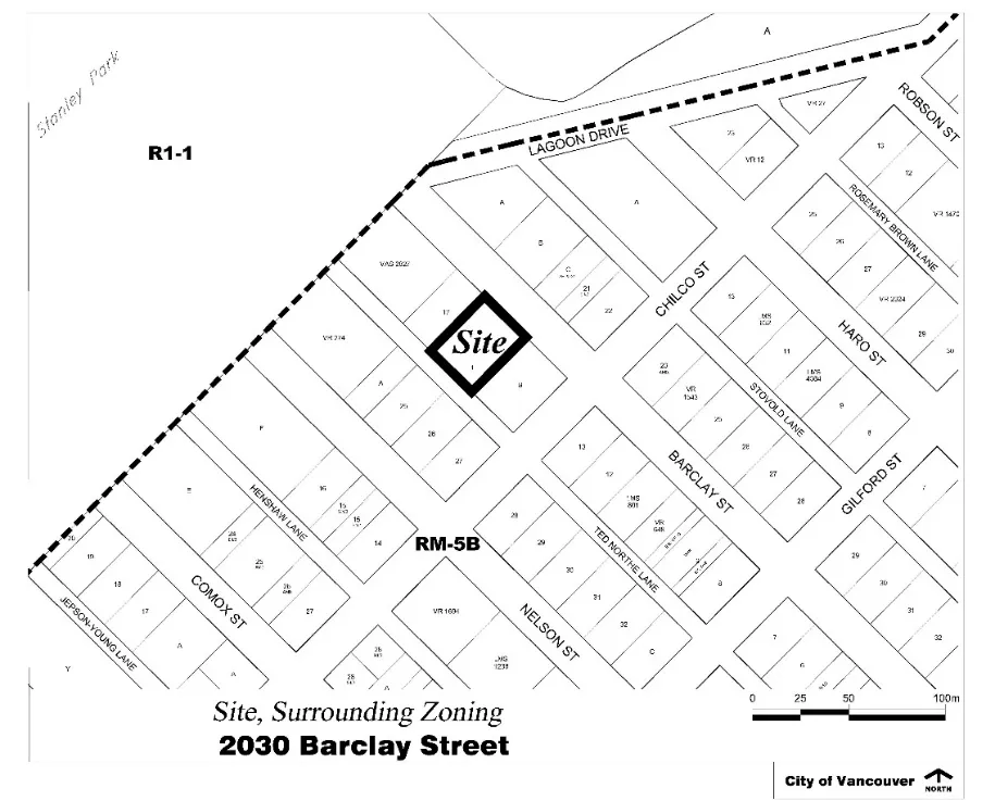 2030 Barclay Street and its surrounding zoning, adjacent to Stanley Park in the West End.