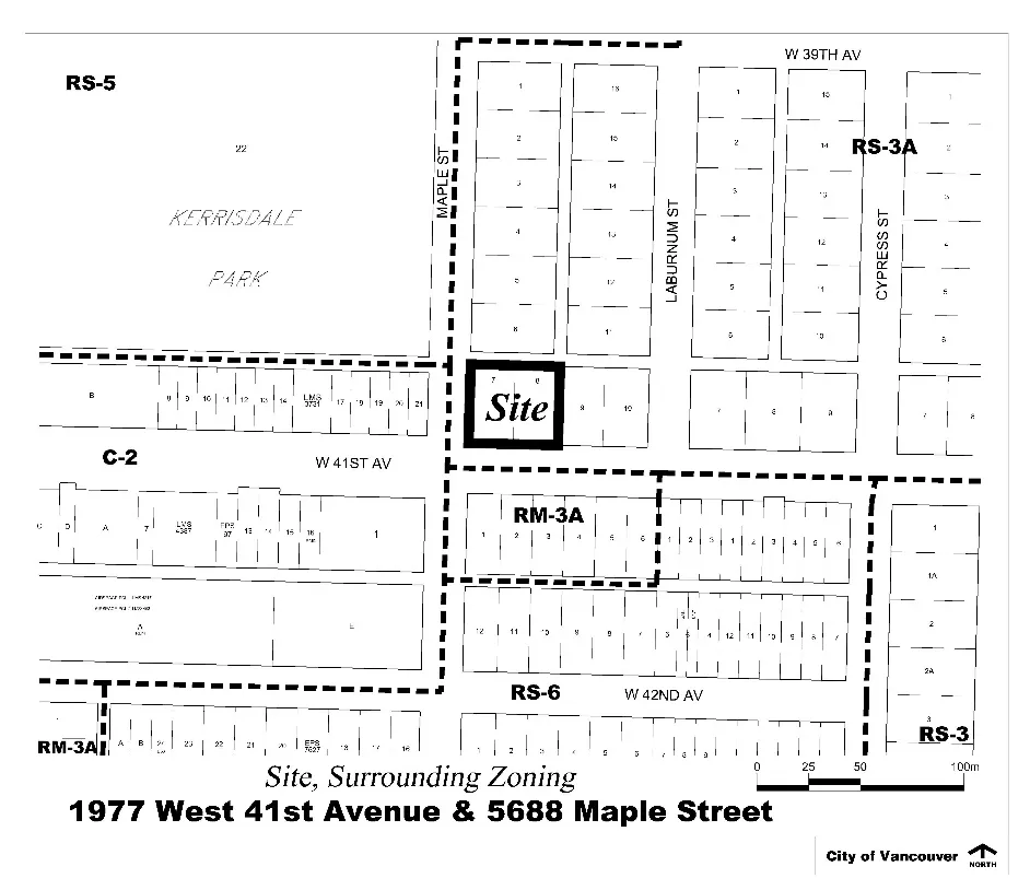 1977 West 41st Avenue & 5688 Maple Street and their surrounding zoning districts (RS-5, C-2, RM-3A, RS-3A, RS-6, RS-3).