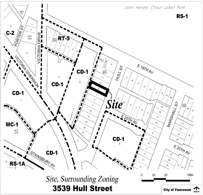 3539 Hull Street and its surrounding zoning, near John Hendry (Trout Lake) Park.