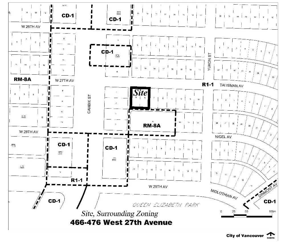466–476 West 27th Avenue and its surrounding zoning, including adjacent CD-1 and RM-8A districts near Queen Elizabeth Park.