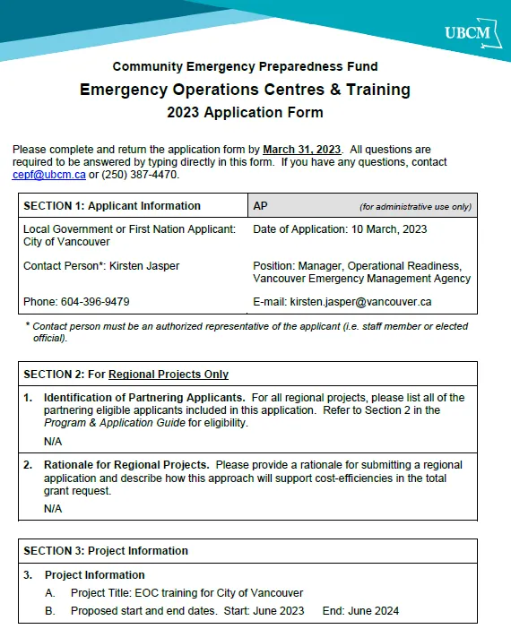 City of Vancouver UBCM Community Emergency Preparedness Fund application form cover page for EOC training, dated March 2023.