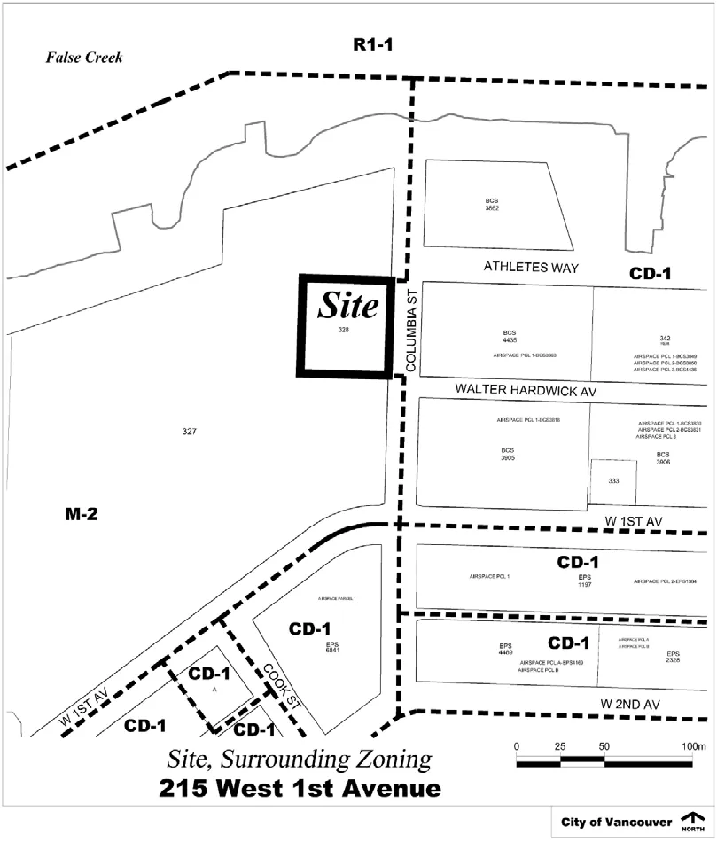 215 West 1st Avenue and its surrounding zoning, adjacent to False Creek and Columbia Street.