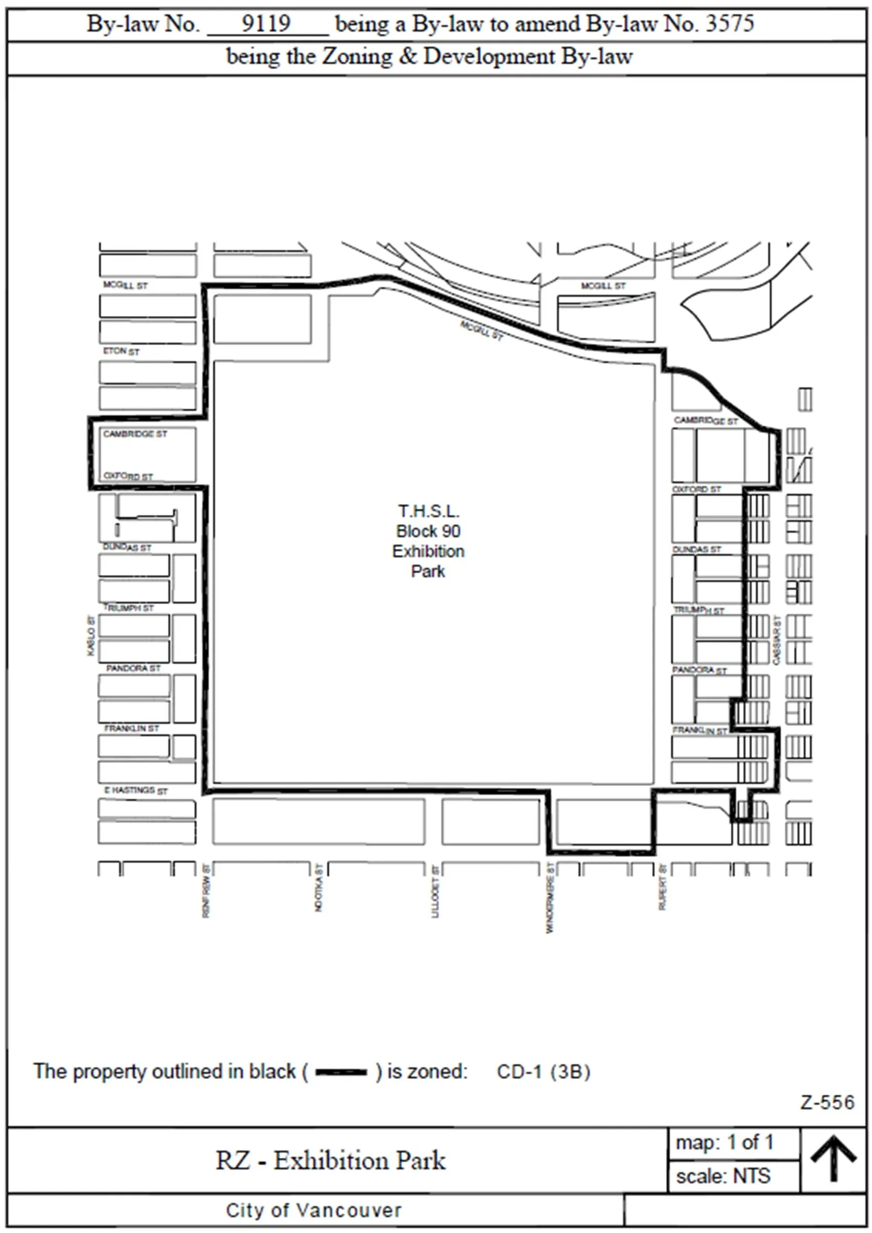 Exhibition Park (T.H.S.L. Block 90) and its surrounding street network, zoned CD-1 (3B) under By-law No. 9119.