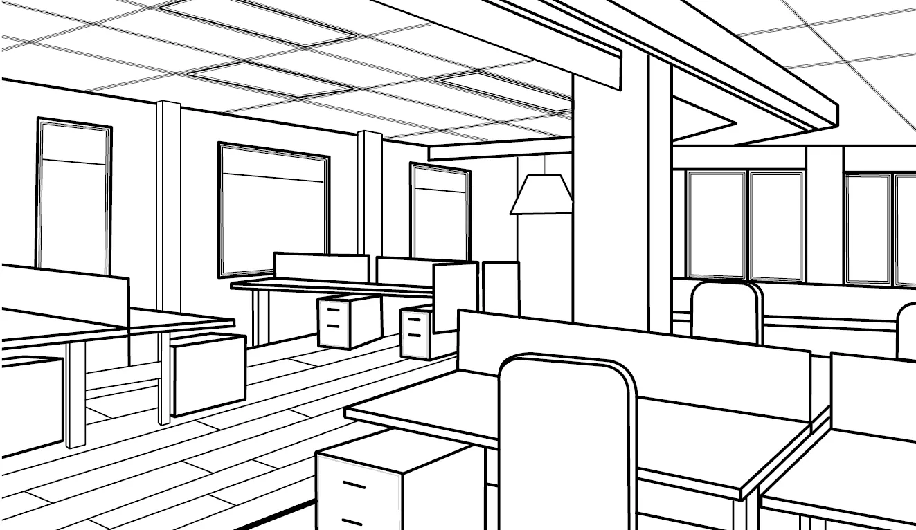 Proposed interior office/workspace layout showing open-plan desking, seating areas, and glazed perimeter windows.