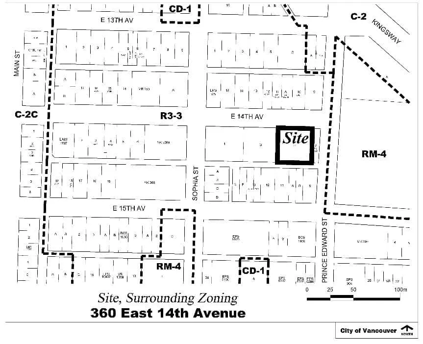 360 East 14th Avenue and its surrounding zoning, bounded by Main St, Kingsway, and E 13th–15th Avenues.