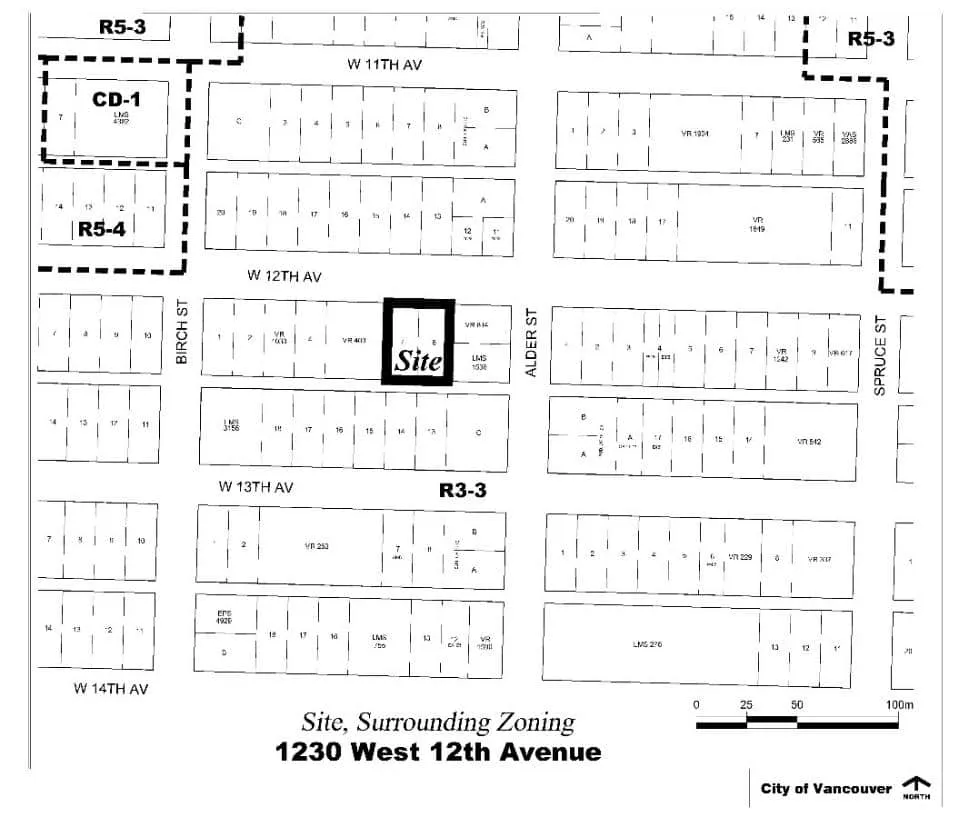 1230 West 12th Avenue and its surrounding zoning, showing CD-1, R5-3, R5-4, and R3-3 districts between W 11th and W 14th Avenues.