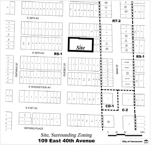 109 East 40th Avenue and its surrounding zoning, showing RS-1, RT-2, CD-1, and C-2 districts.