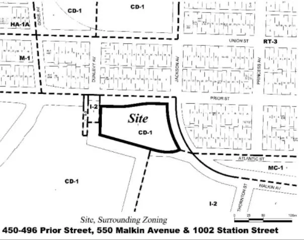 450-496 Prior Street, 550 Malkin Avenue & 1002 Station Street and their surrounding zoning districts.