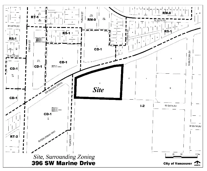 396 SW Marine Drive and its surrounding zoning, bounded by Yukon Street, Manitoba Street, and SW Marine Drive.