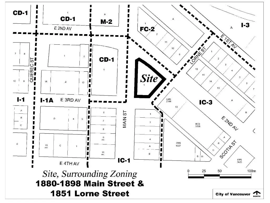 1880-1898 Main Street & 1851 Lorne Street and their surrounding zoning districts (CD-1, FC-2, IC-3, I-1A, etc.).