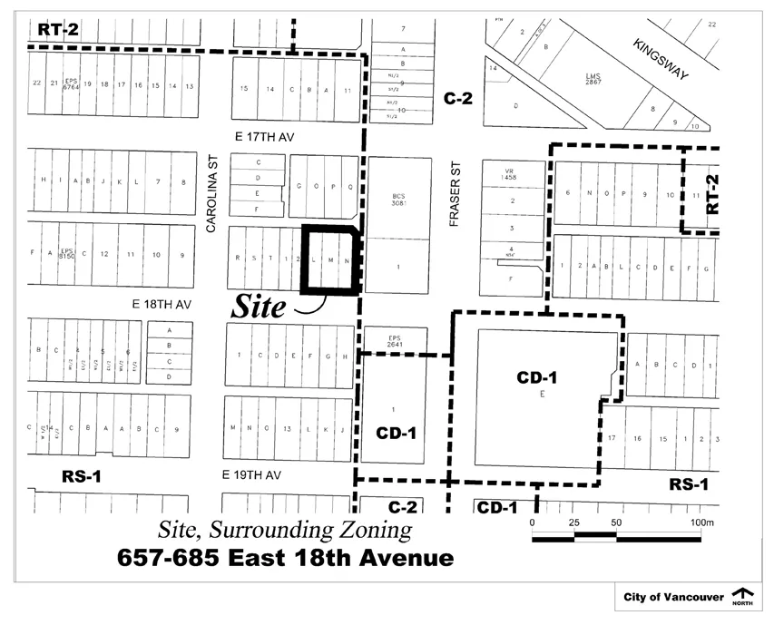 657–685 East 18th Avenue and its surrounding zoning, between Carolina St and Fraser St near Kingsway.