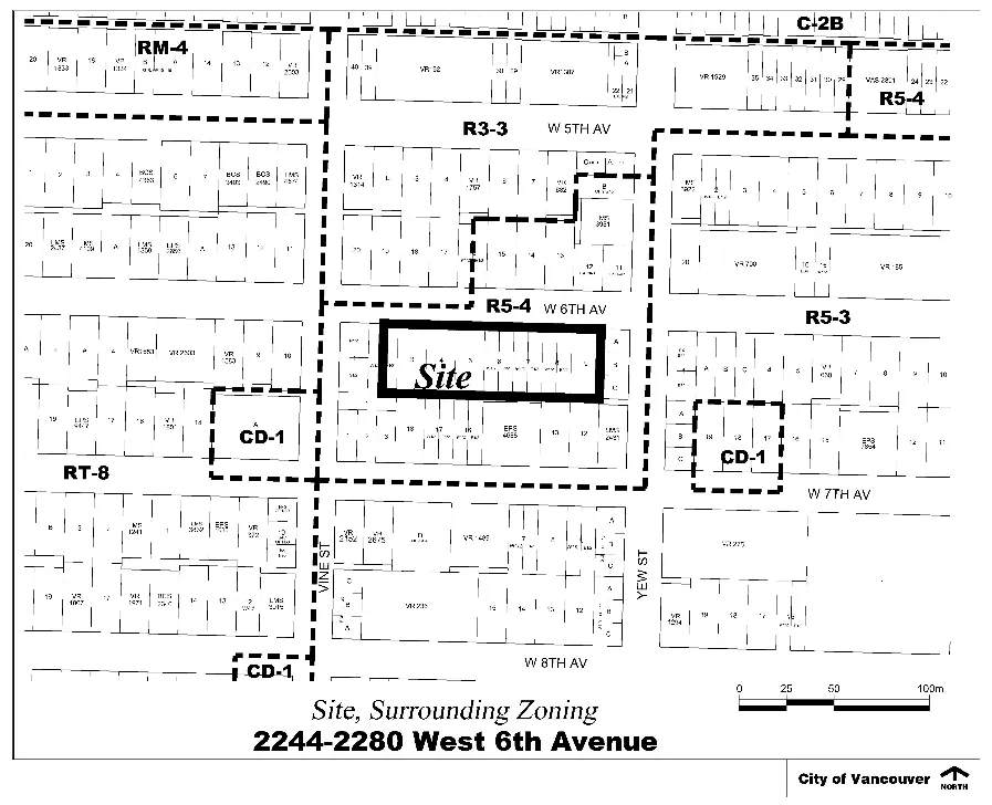 2244–2280 West 6th Avenue and its surrounding zoning context, including adjacent RM-4, R3-3, R5-4, R5-3, RT-8, and CD-1 districts.
