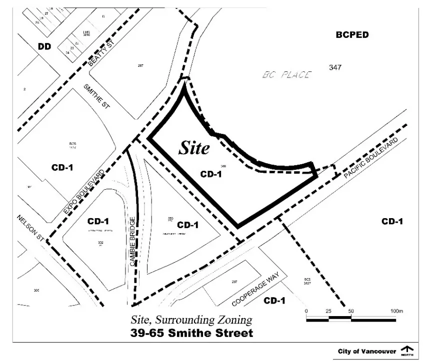 39-65 Smithe Street and its surrounding zoning, adjacent to BC Place and Pacific Boulevard.