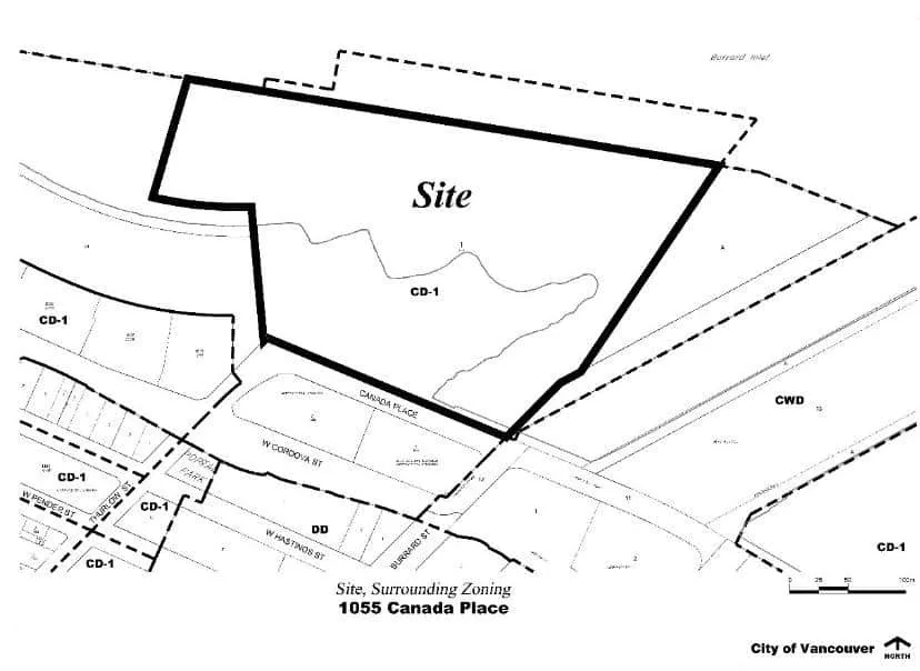 1055 Canada Place and its surrounding zoning context along Burrard Inlet.