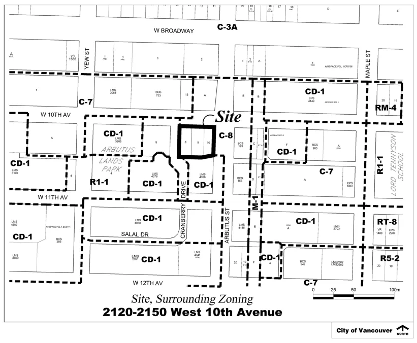 2120–2150 West 10th Avenue and its surrounding zoning, between W Broadway and W 12th Avenue near Arbutus Lands Park.