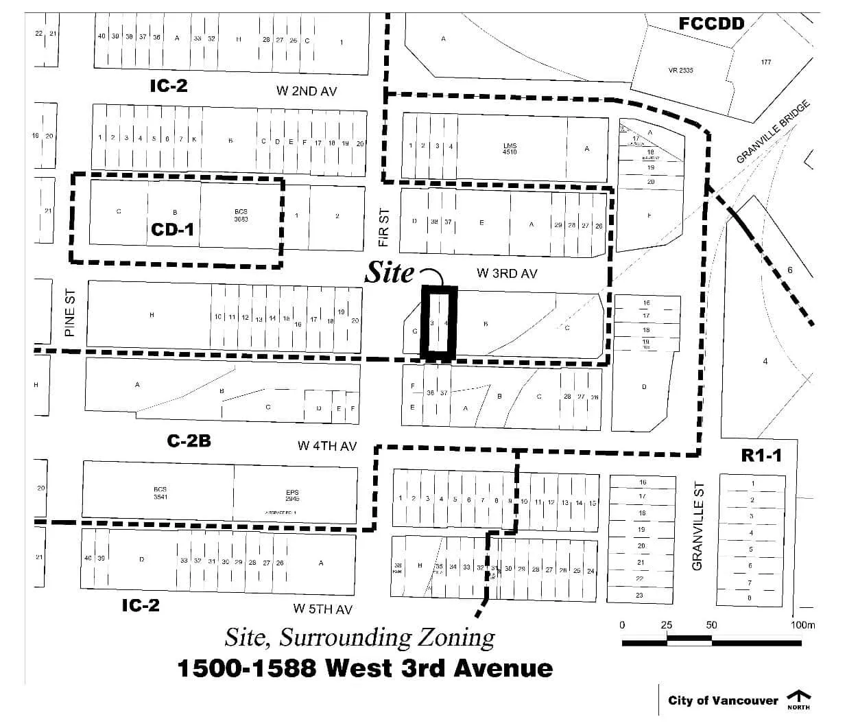 1500–1588 West 3rd Avenue and its surrounding zoning, including adjacent IC-2, CD-1, C-2B, FCCDD, and R1-1 districts.