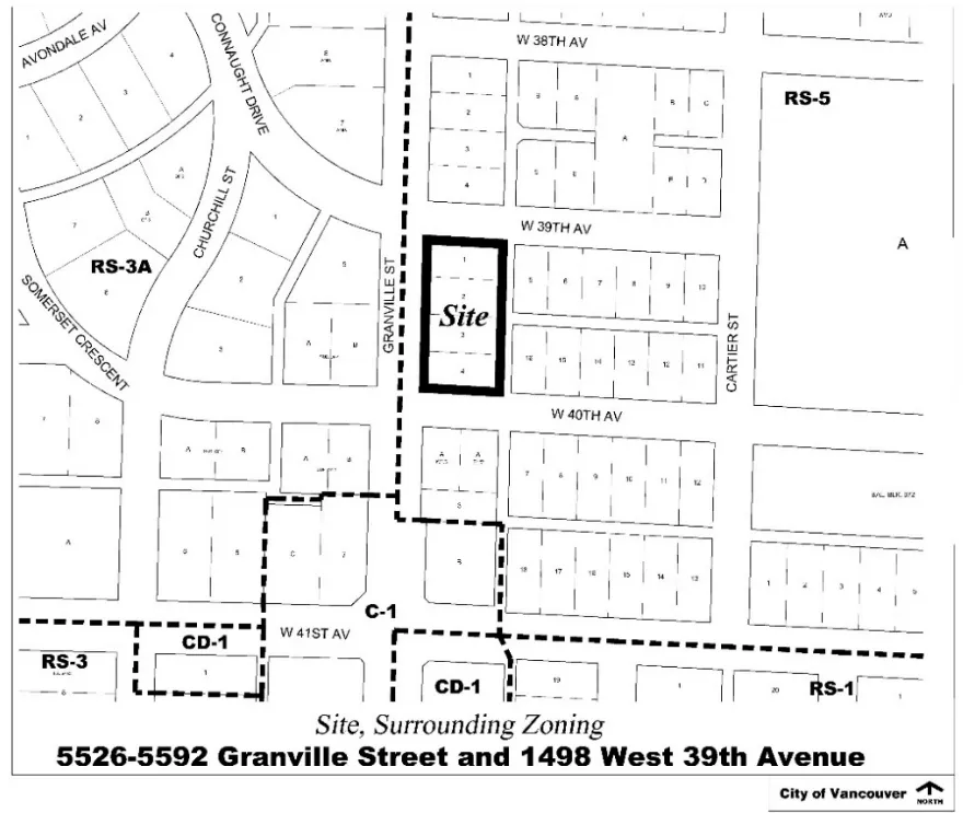 5526–5592 Granville Street and 1498 West 39th Avenue and their surrounding zoning districts (RS-3A, RS-5, C-1, CD-1).
