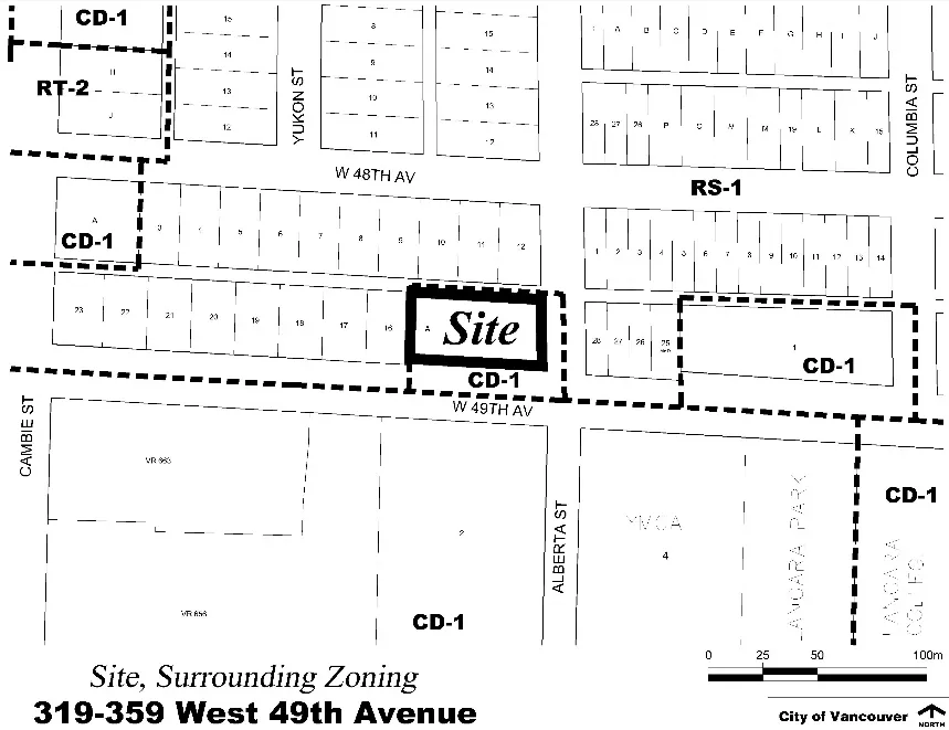 319–359 West 49th Avenue and its surrounding zoning, showing the CD-1 site bounded by Cambie Street, Alberta Street, and W 49th Avenue.