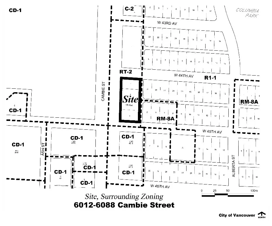 6012–6088 Cambie Street and its surrounding zoning, between W 44th and W 45th Avenues.