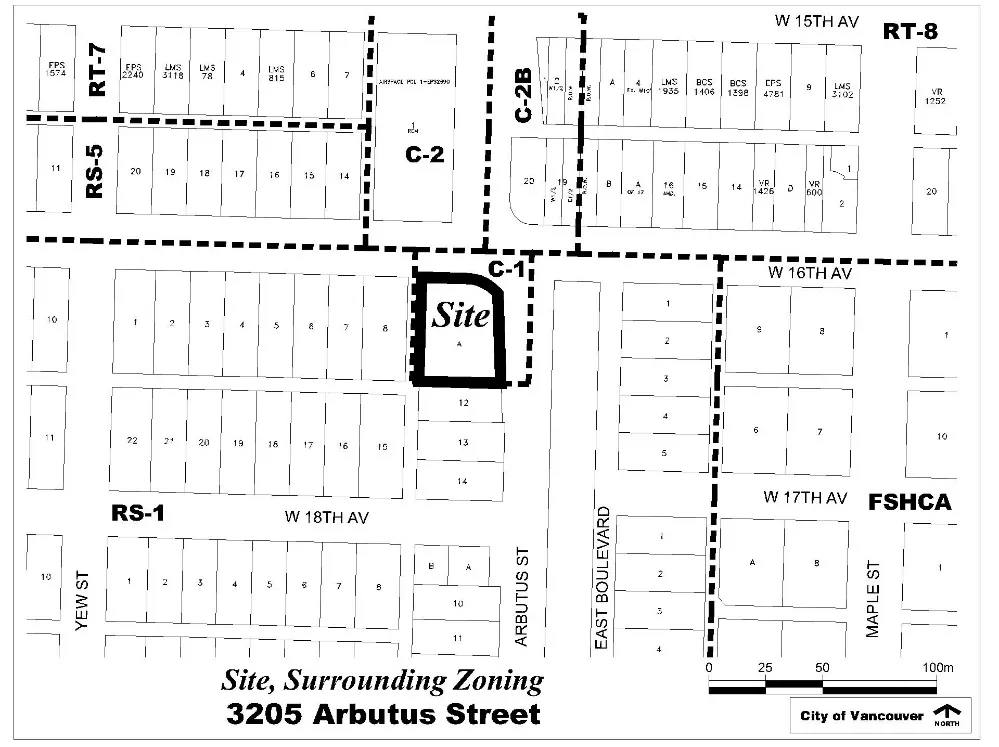 3205 Arbutus Street and its surrounding zoning, bounded by W 15th Ave, W 18th Ave, Yew St, and East Boulevard.