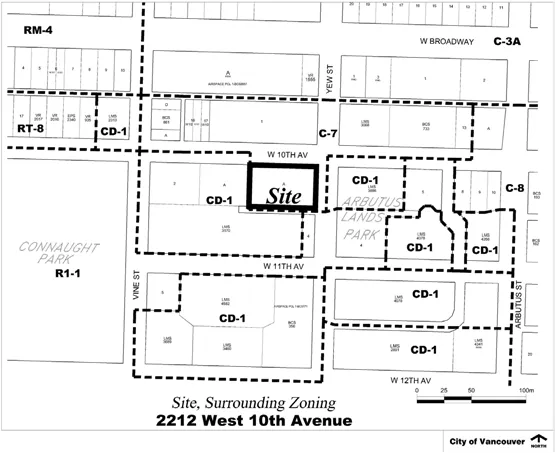 2212 West 10th Avenue and its surrounding zoning, including adjacent CD-1, RM-4, RT-8, and C-7 districts near Arbutus Lands Park.