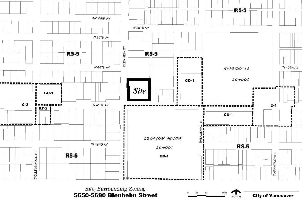 5650–5690 Blenheim Street and its surrounding zoning, showing adjacent RS-5, CD-1, C-1, C-2, and RT-2 districts near Kerrisdale and Crofton House schools.