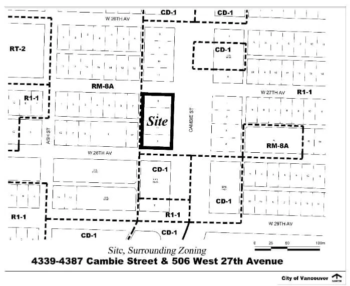 4339–4387 Cambie Street & 506 West 27th Avenue and their surrounding zoning districts.