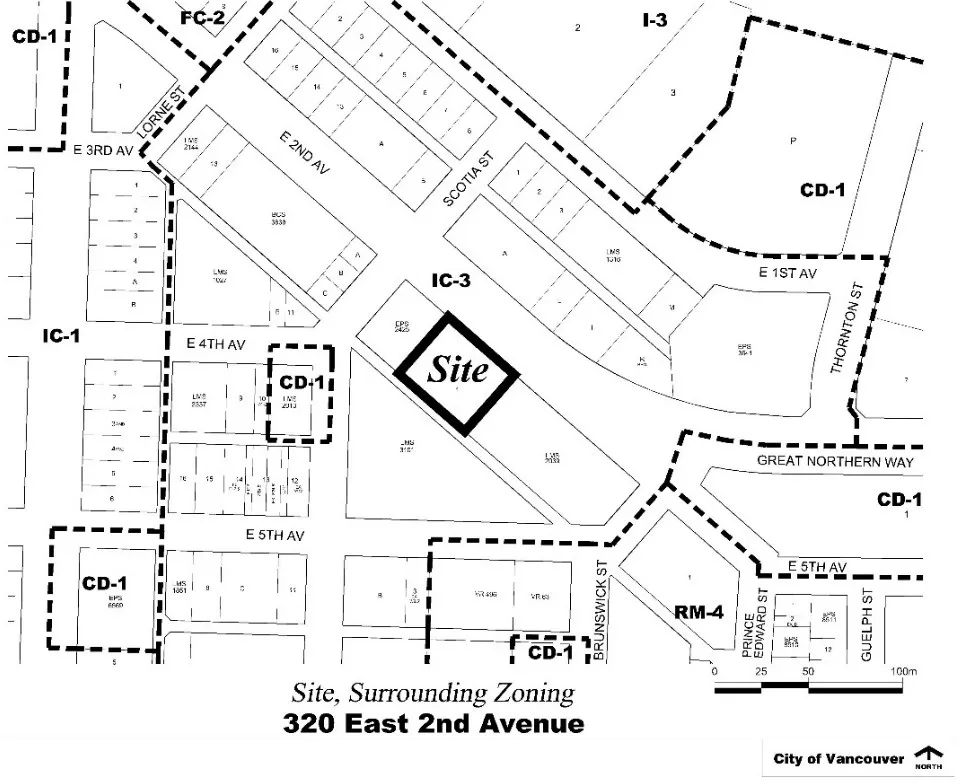 320 East 2nd Avenue and its surrounding zoning, including IC-3, CD-1, FC-2, I-3, and RM-4 districts.