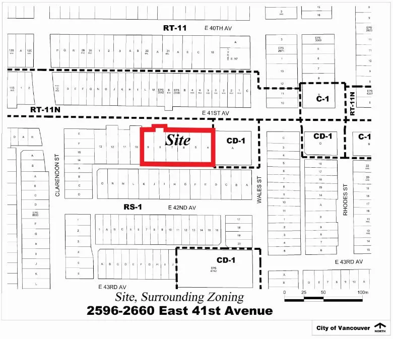 2596–2660 East 41st Avenue and its surrounding zoning districts (RT-11, RT-11N, CD-1, RS-1, C-1).