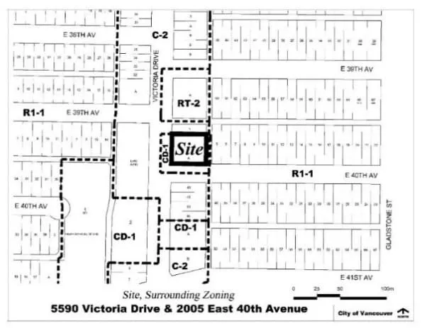 5590 Victoria Drive & 2005 East 40th Avenue and their surrounding zoning designations.