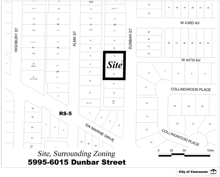 5995–6015 Dunbar Street and its surrounding RS-5 zoning context near SW Marine Drive and W 44th Avenue.