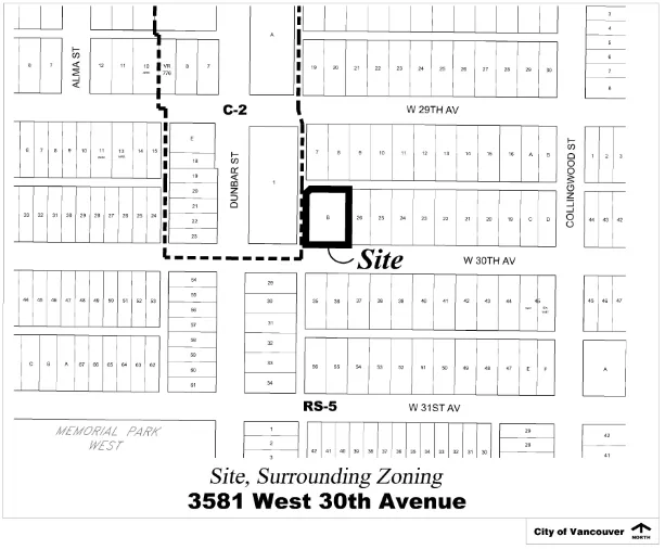 3581 West 30th Avenue and its surrounding zoning, showing the site at the corner of Dunbar Street within the C-2 and RS-5 zone boundaries.