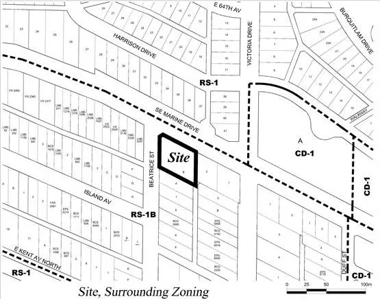 Site at SE Marine Drive and Beatrice Street with surrounding RS-1, RS-1B, and CD-1 zoning.