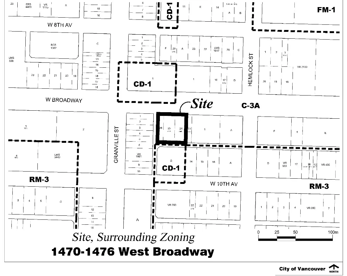 1470–1476 West Broadway and its surrounding zoning, showing CD-1, C-3A, RM-3, and FM-1 districts between W 8th and W 10th Avenues near Granville Street.