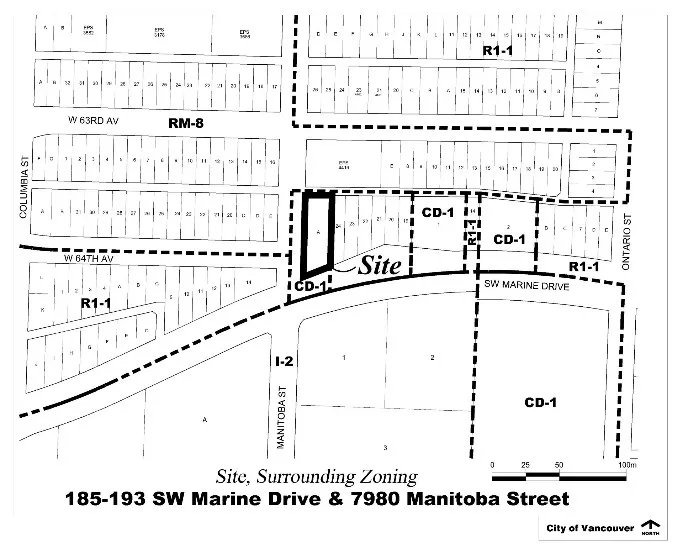 185-193 SW Marine Drive & 7980 Manitoba Street and their surrounding zoning districts.