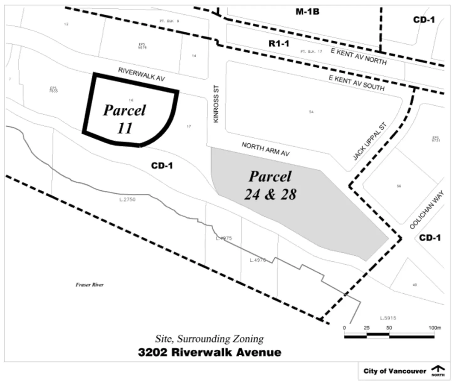 3202 Riverwalk Avenue — Parcel 11 and Parcels 24 & 28 with surrounding zoning (CD-1, M-1B, R1-1) near the Fraser River.