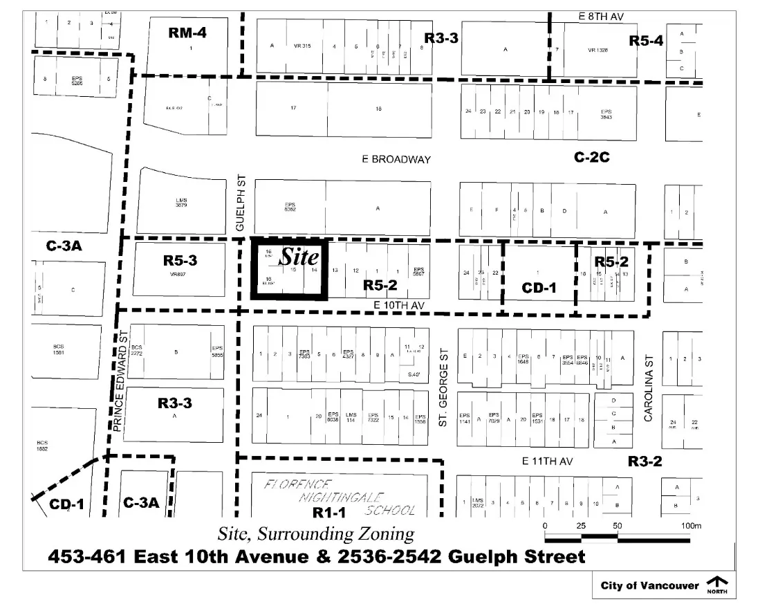453-461 East 10th Avenue & 2536-2542 Guelph Street and surrounding zoning districts.