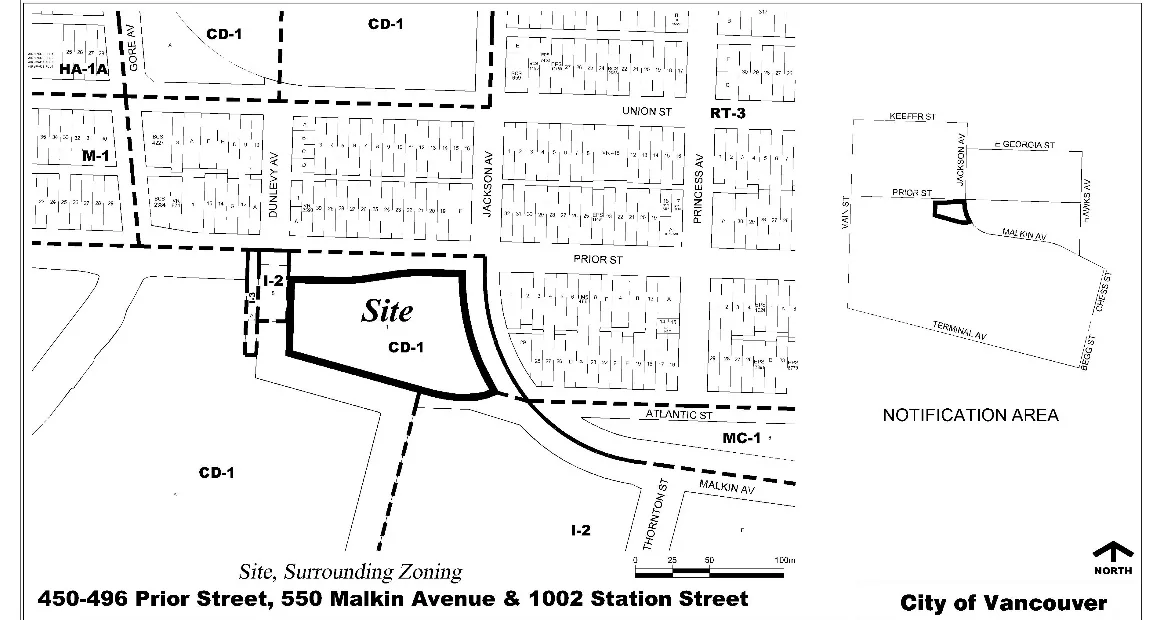 450-496 Prior Street, 550 Malkin Avenue & 1002 Station Street — site boundary and surrounding zoning (CD-1, M-1, I-2, RT-3, MC-1).