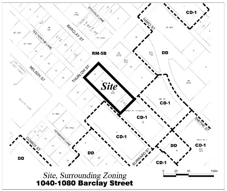 1040–1080 Barclay Street and its surrounding zoning, including RM-5B, CD-1, and DD designations.