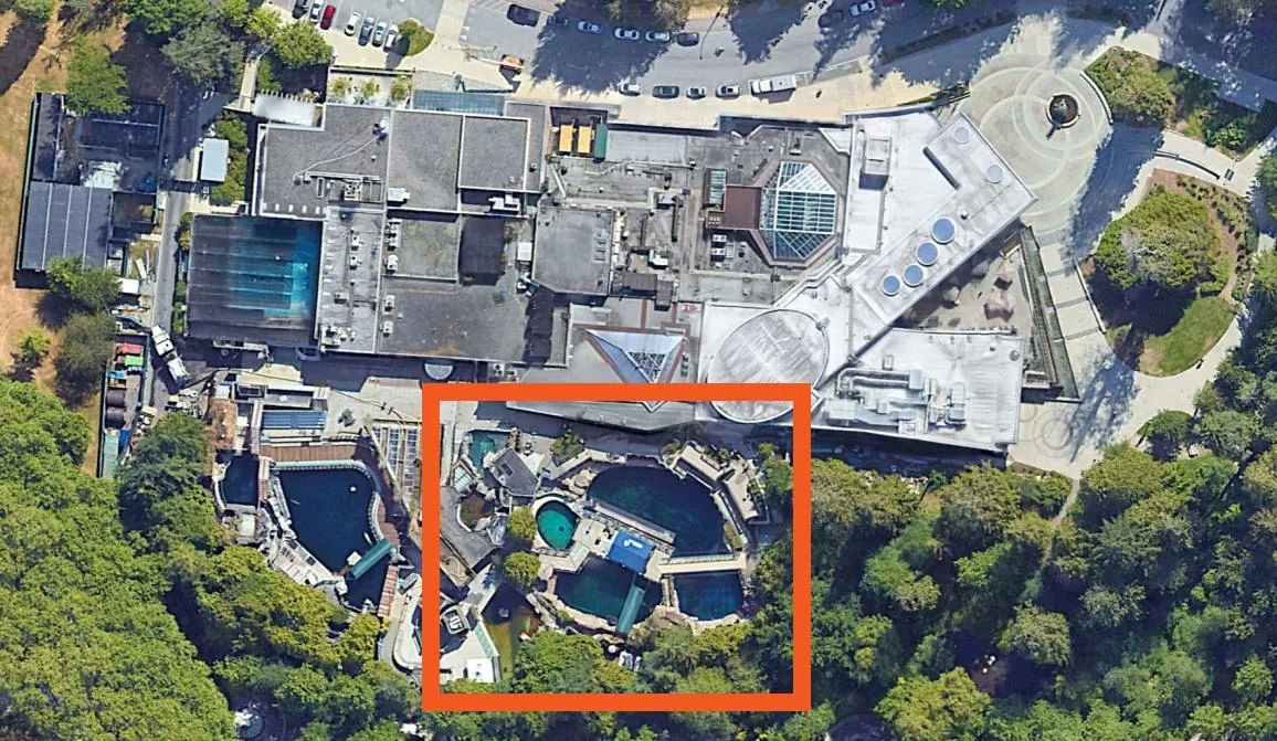 Vancouver Aquarium in Stanley Park — aerial view with the proposed West Coast pool area highlighted in orange.