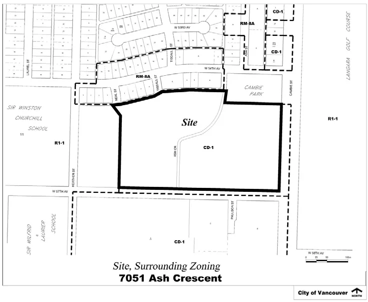 7051 Ash Crescent and its surrounding zoning, showing adjacent RM-8A, CD-1, R1-1 districts, Cambie Park, and Sir Winston Churchill School.