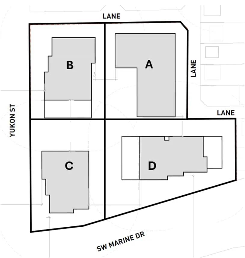 Yukon Street and SW Marine Drive site — four development parcels (A–D) within the project boundary.
