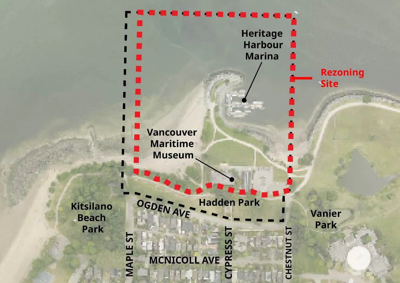 Heritage Harbour Marina rezoning site at Hadden Park, Kitsilano — aerial context showing English Bay, the Vancouver Maritime Museum, and surrounding streets.