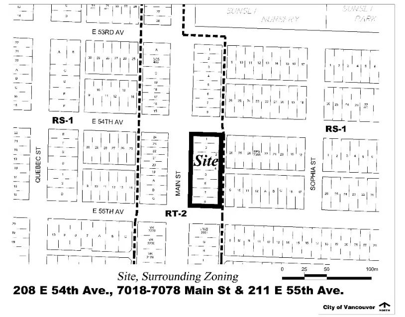 208 E 54th Ave, 7018–7078 Main St & 211 E 55th Ave — site location and surrounding RS-1/RT-2 zoning context.