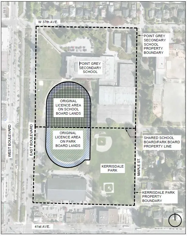 Point Grey Secondary School and Kerrisdale Park — original licence areas on School Board and Park Board lands between W 37th Ave and 41st Ave.