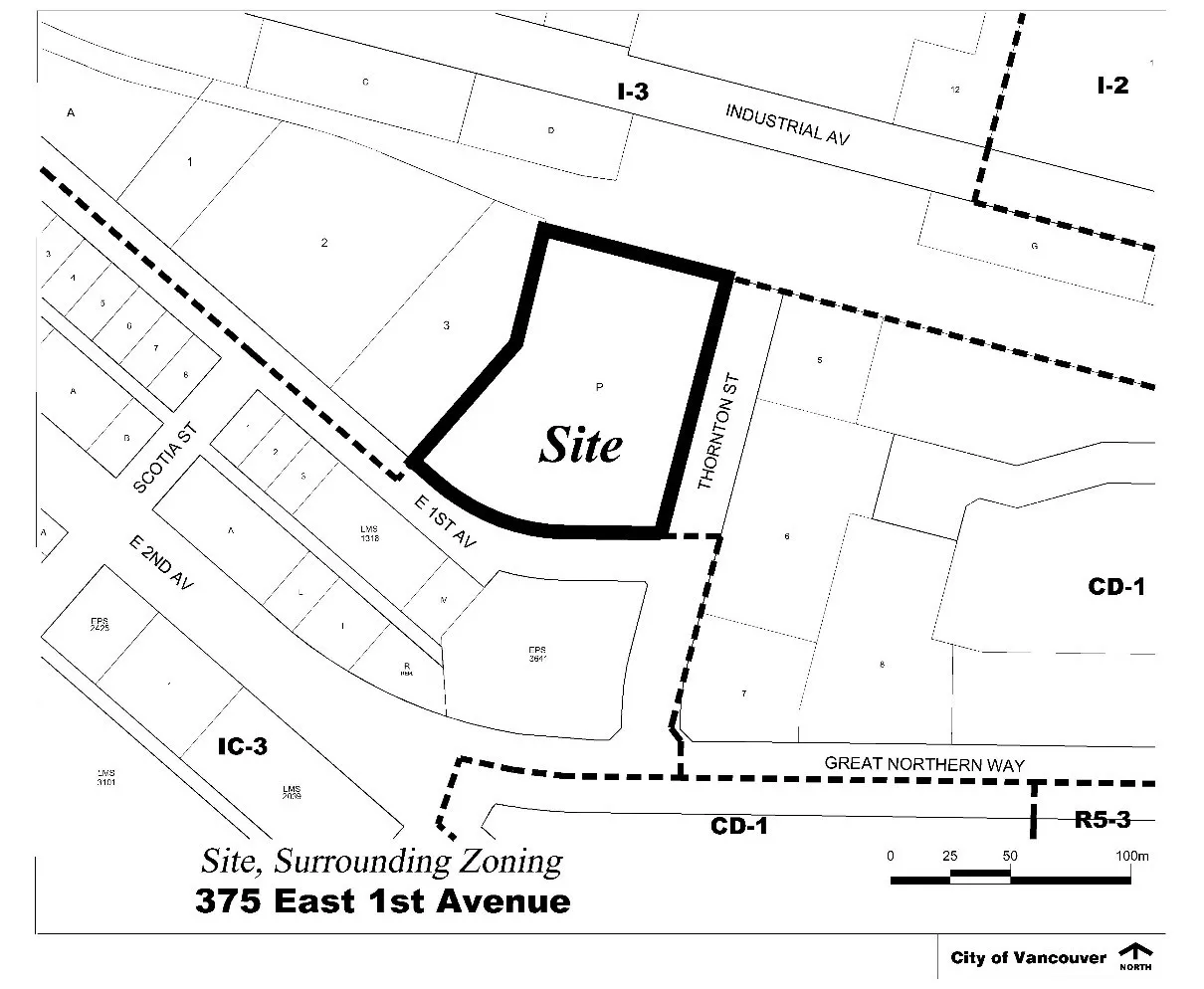 375 East 1st Avenue and its surrounding zoning, bounded by E 1st Avenue, Thornton Street, and Industrial Avenue.