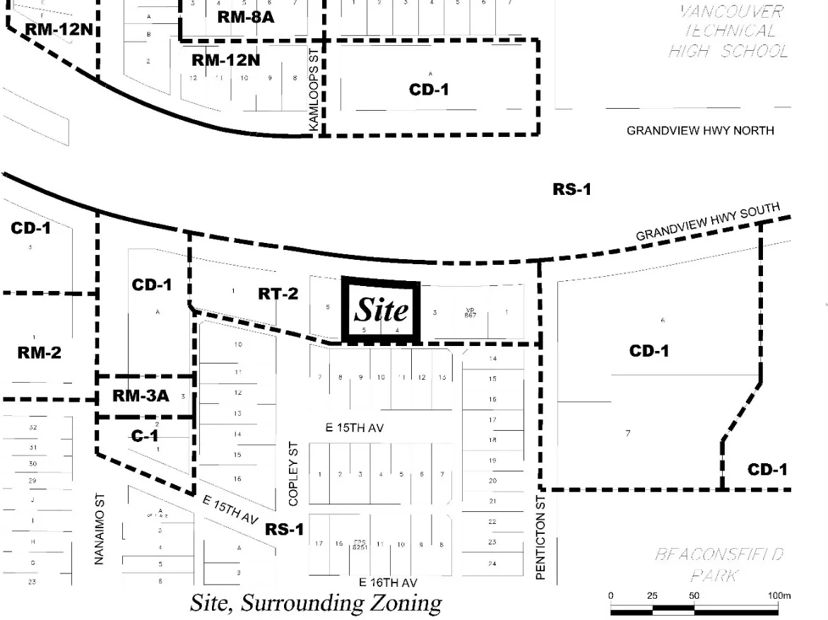 Site at Copley Street and Grandview Hwy South with surrounding zoning districts including RT-2, CD-1, RM-3A, and RS-1.